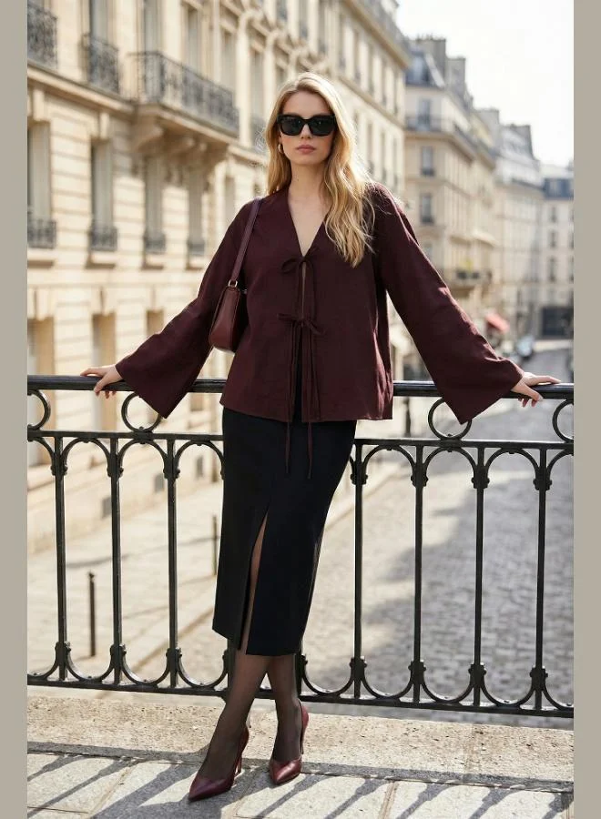 ليلا قميص ليلا قطن بقصة مريحة وأكمام برباط للنساء